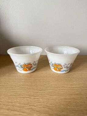 White Milk Glass Bowls with Orange Floral Motif (Pair)